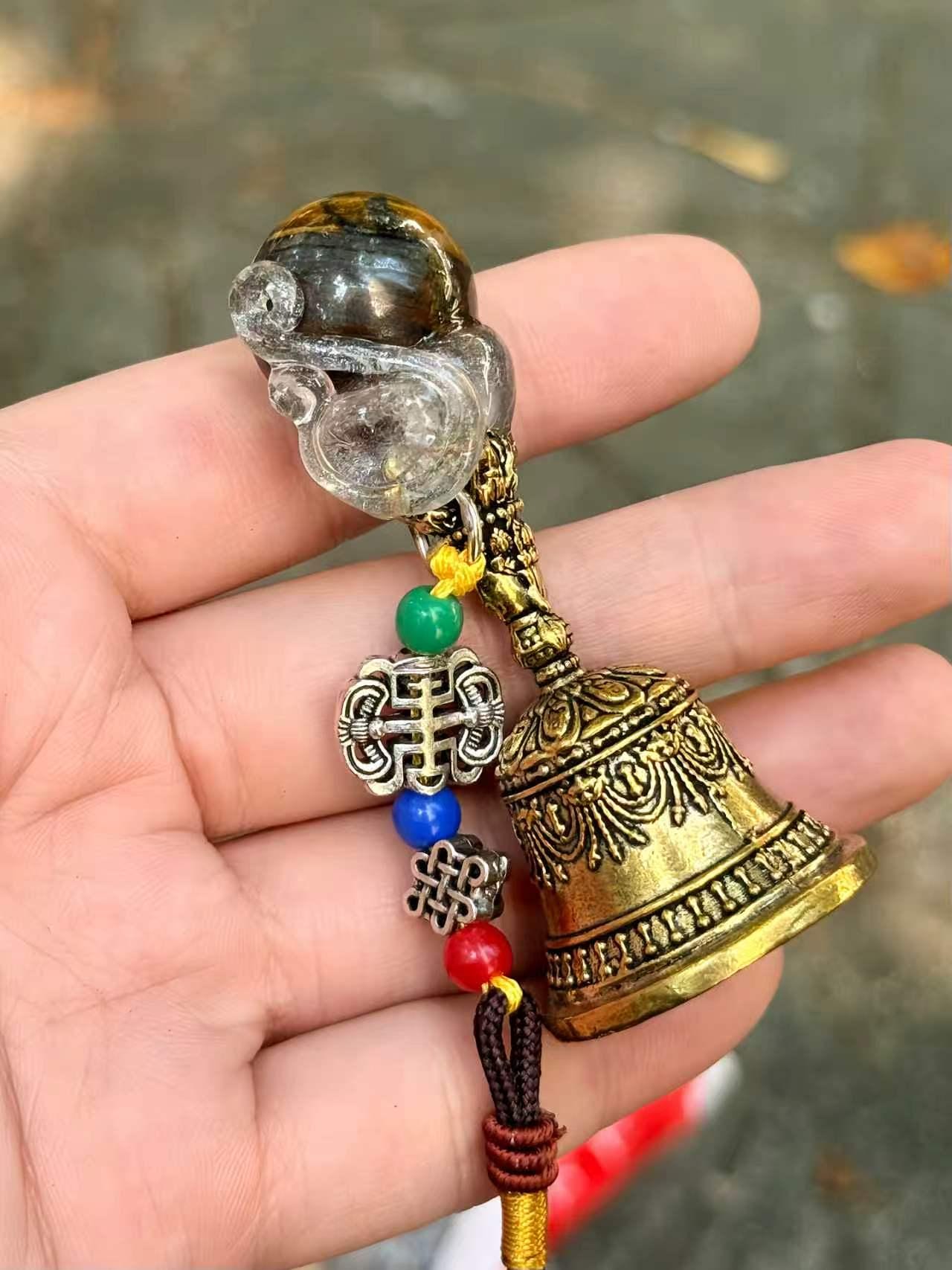 Natural Gemstone Bell Keychain, Antique Gold-Tone Charm, Good Luck Ornament
