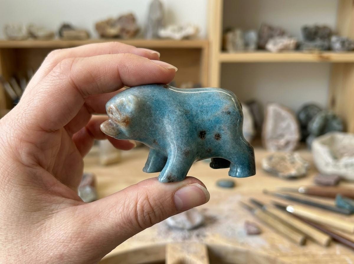 Natural Montebrasite Bear Carving, Gemstone Figurine, Crystal Animal, Unique Mineral Specimen, Desk Decor