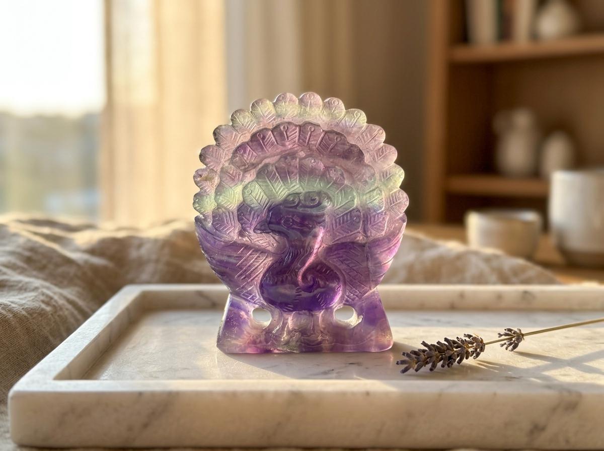 Purple Fluorite Peacock Carving, Natural Crystal Bird Figurine, Unique Home Decor, elegant housewarming gift