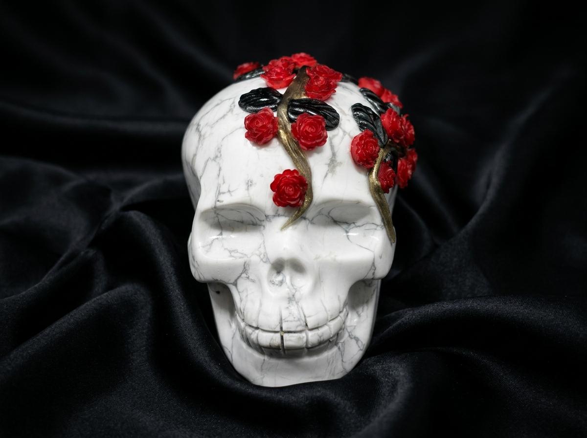 White Turquoise Skull Sculpture with Red Roses, Gothic Floral Decor