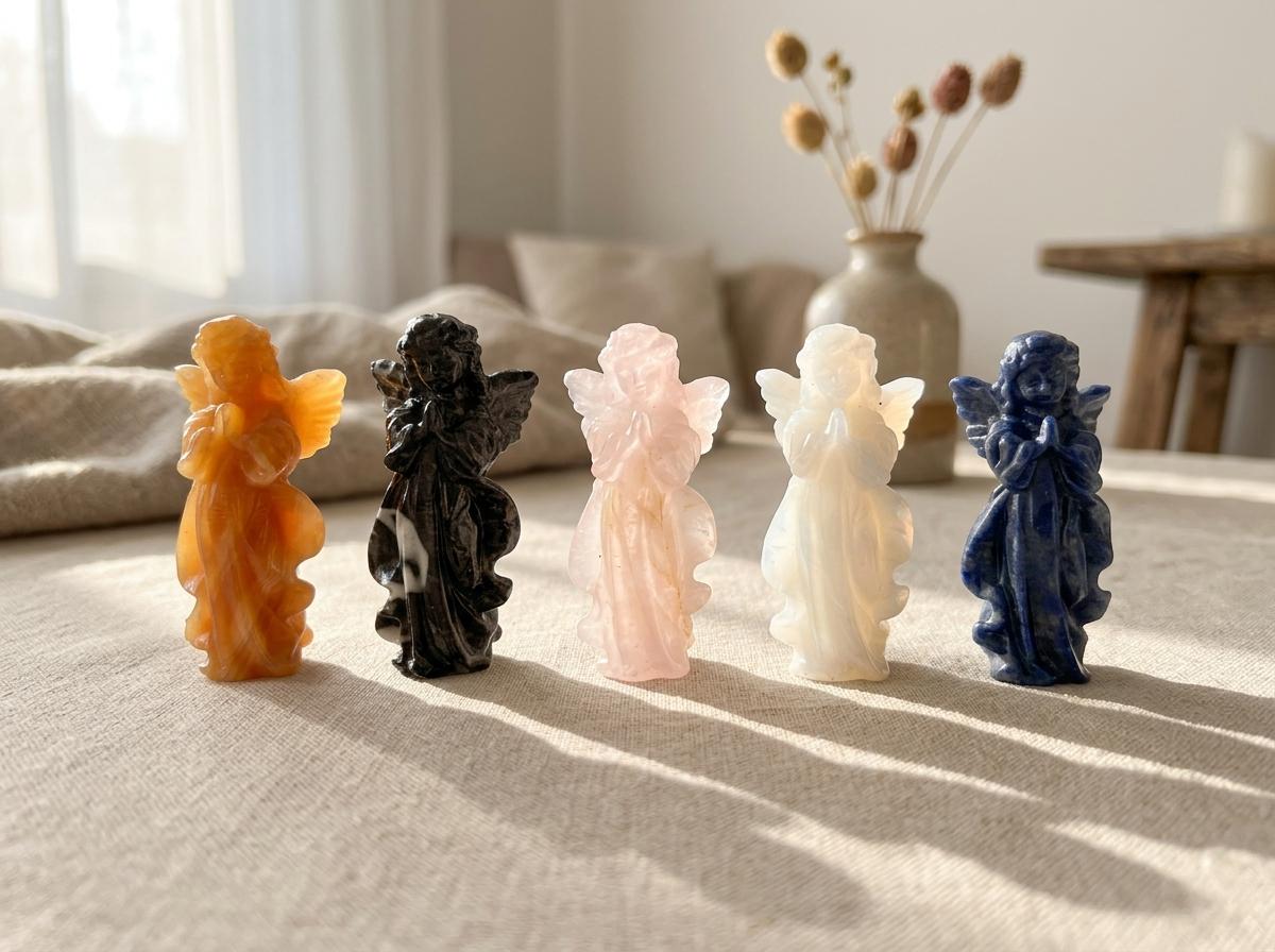 Natural Gemstone Carved Angel Statue, Polished Crystal Figurine, Spiritual Decor