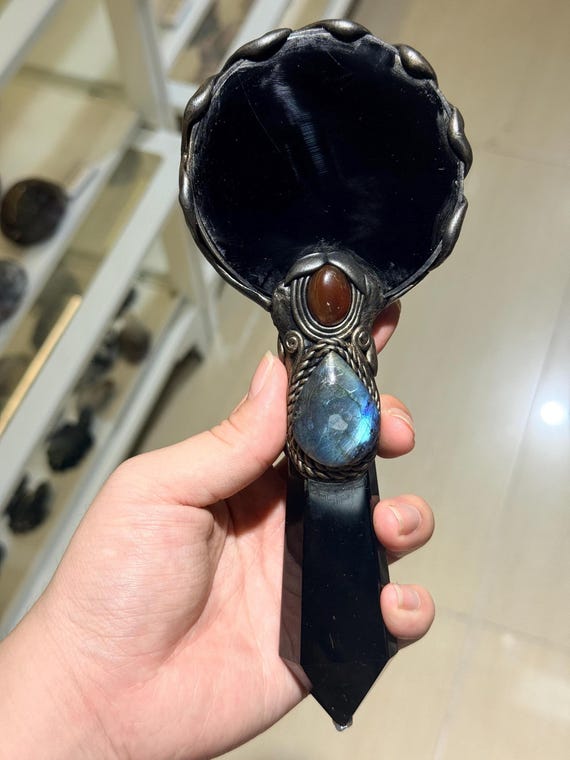 Black Obsidian Scrying Mirror, Gemstone Inlay Ritual Tool, Witchy Altar Decor, Divination Mirror