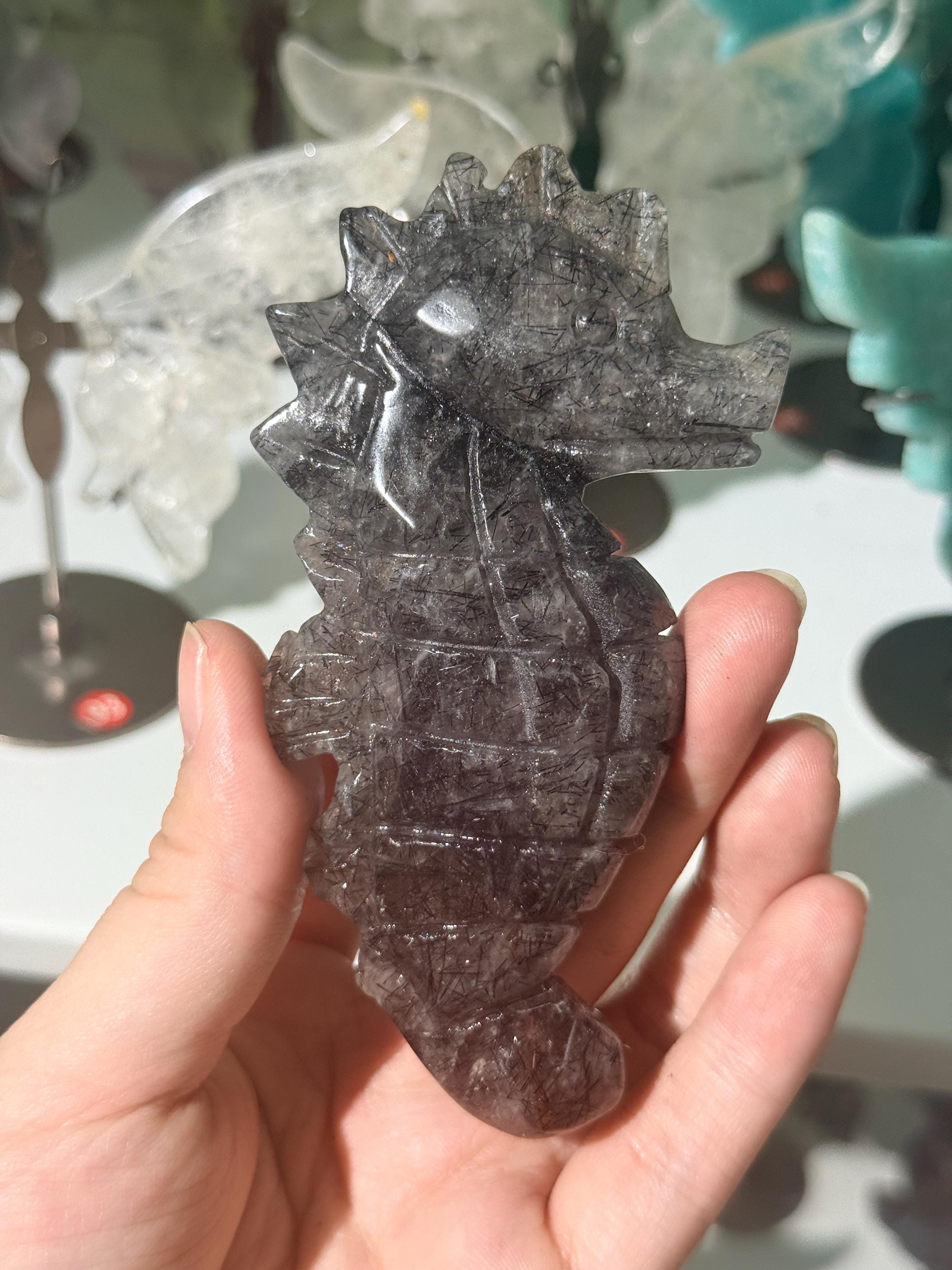 Seahorse Figurine, Black Rutilated Quartz Crystal Carving, Hand Carved Marine Life Sculpture, Coastal Decor, Ocean Lover Gift