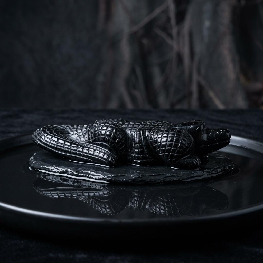 Gold Sheen Obsidian Crocodile Carving, Natural Stone Animal Figurine, Gothic Home Decor