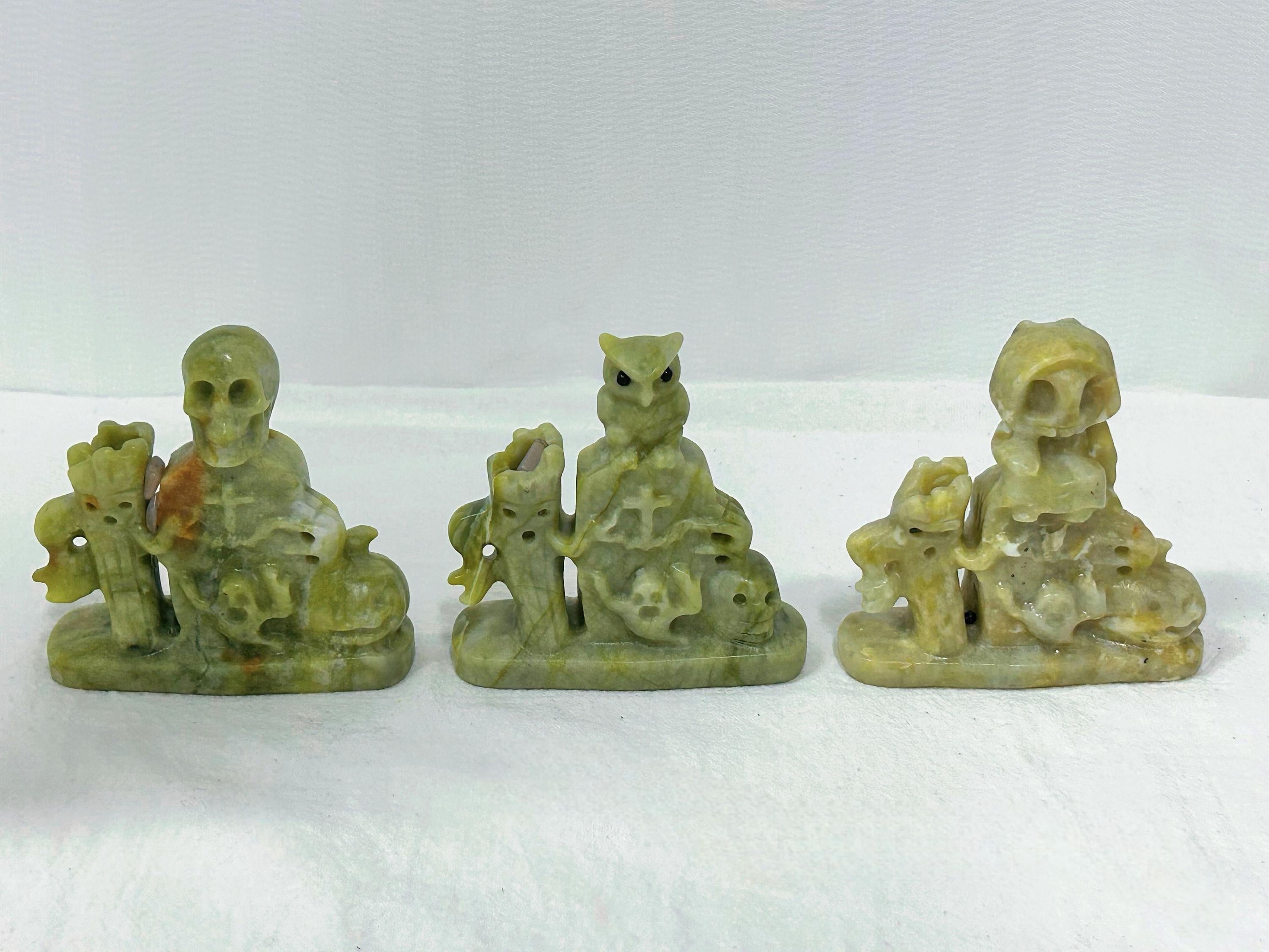 Cauliflower Jade Carved Owl, Skull, and Cross Figurine, Polished Stone Sculpture