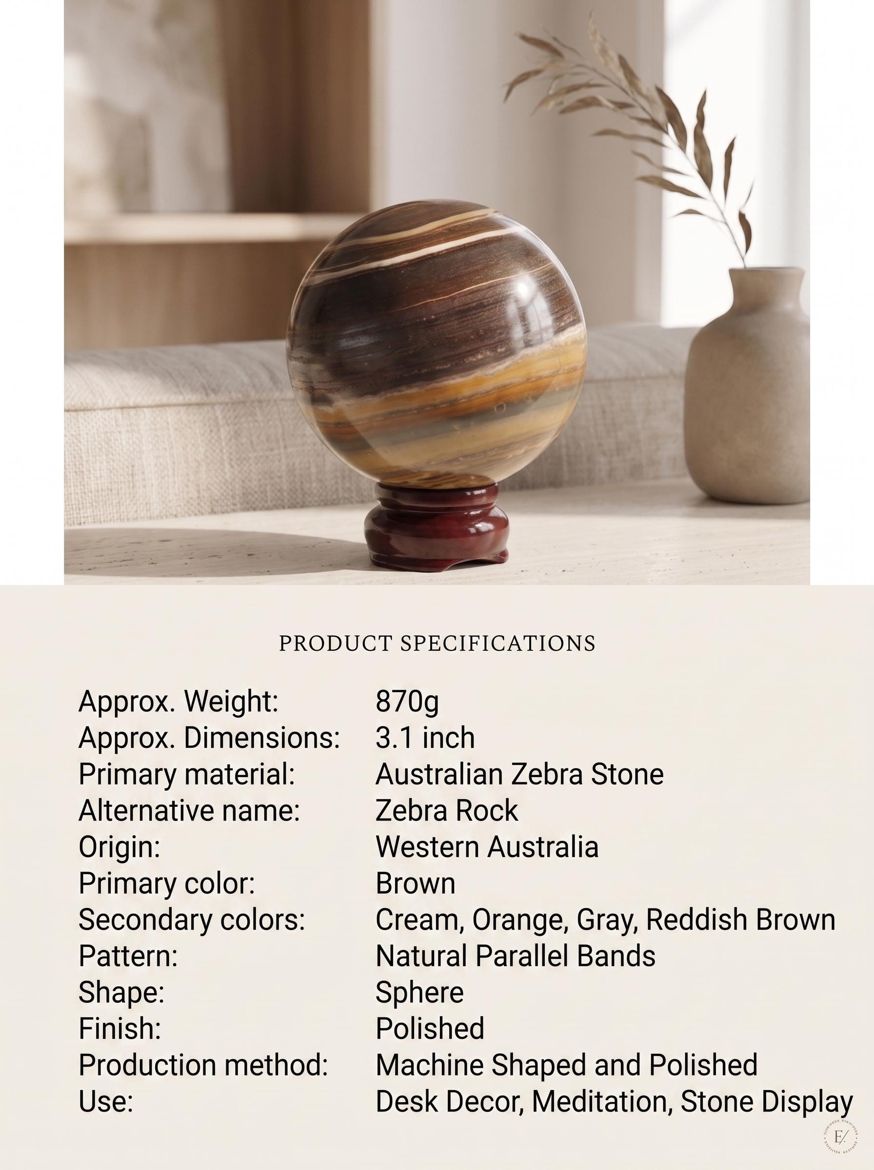 Australian Zebra Stone Sphere Natural Polished Crystal Ball Mineral Decor Collector Gift
