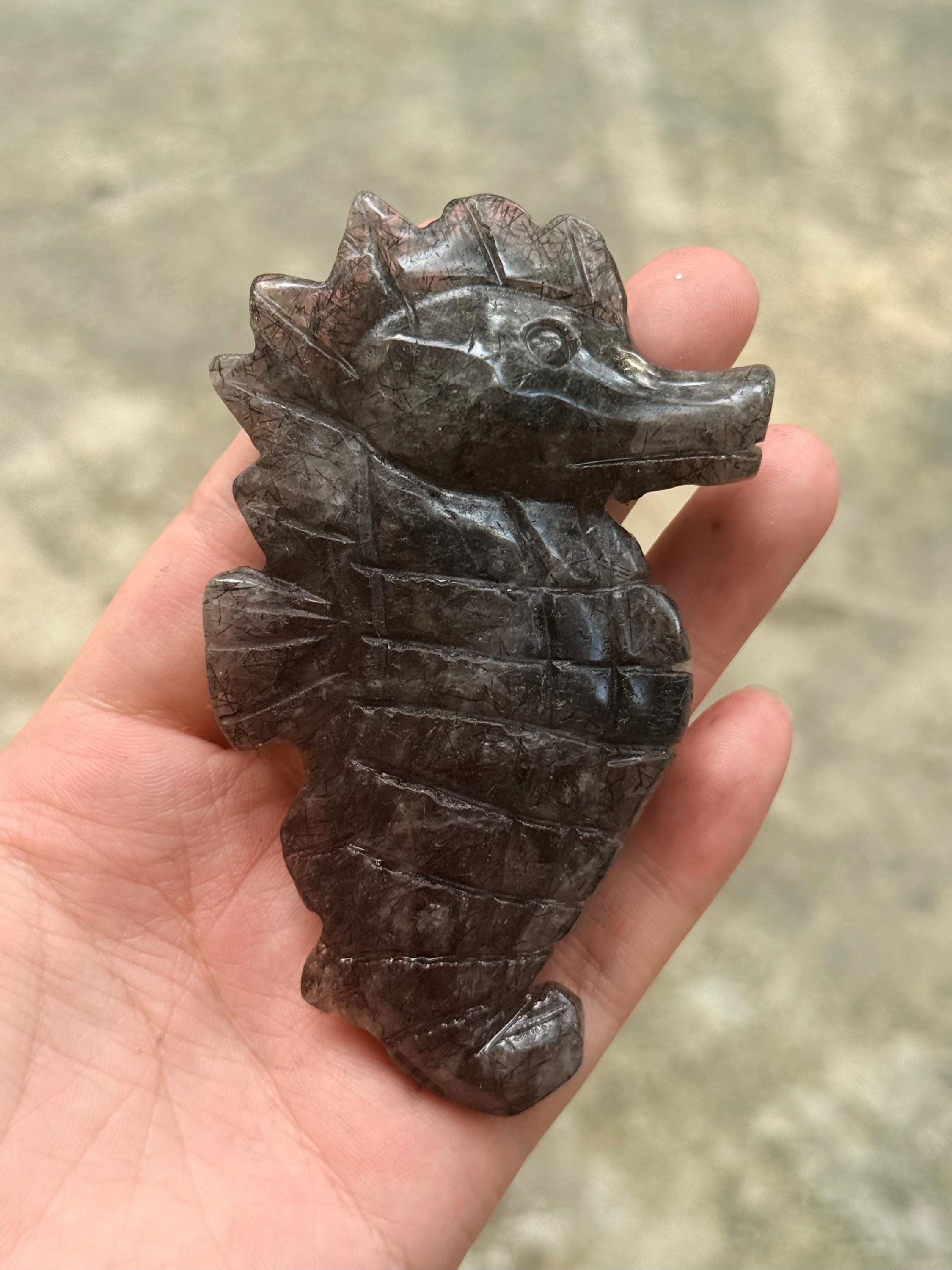 Seahorse Figurine, Black Rutilated Quartz Crystal Carving, Hand Carved Marine Life Sculpture, Coastal Decor, Ocean Lover Gift