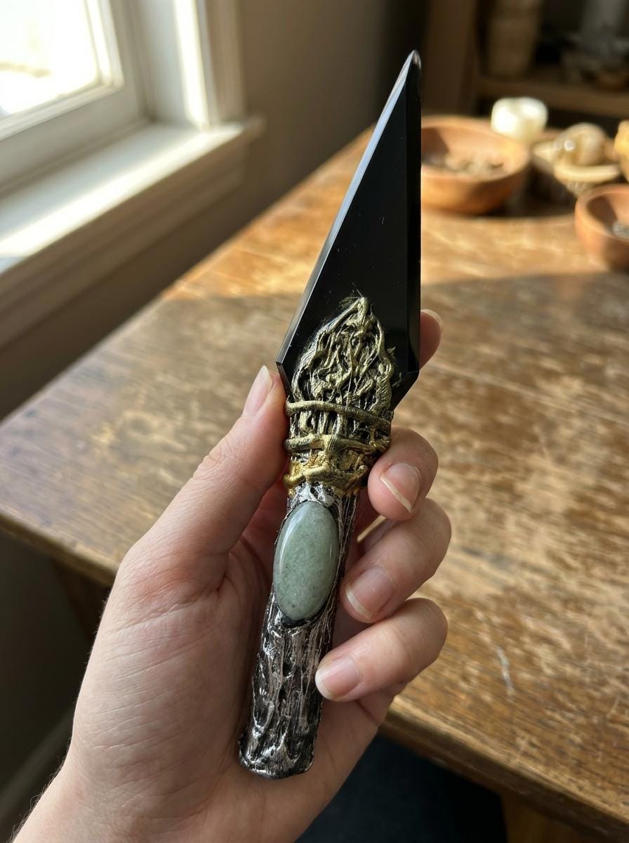 Black Obsidian Wand, Green Aventurine or Citrine Inlay, Ritual Decor, Altar Art