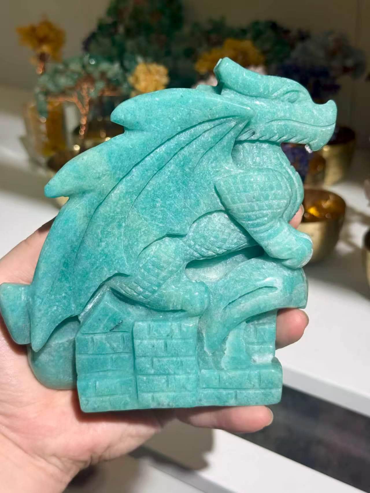 Hand Carved Amazonite Dragon Sculpture Castle Guardian Fantasy Home Decor Gift