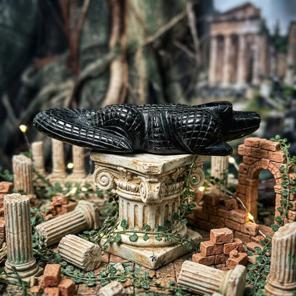 Gold Sheen Obsidian Crocodile Carving, Natural Stone Animal Figurine, Gothic Home Decor