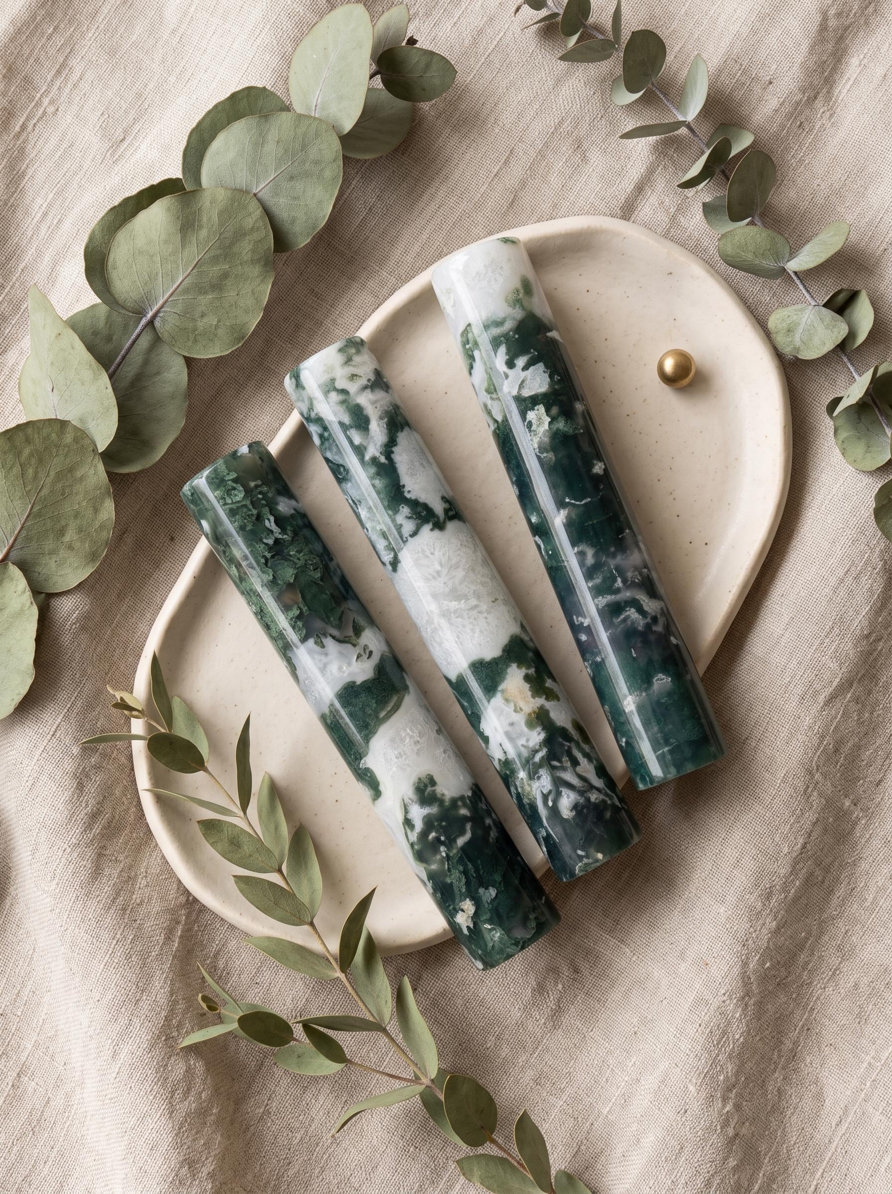 Moss Agate Massage Wand Natural Polished Crystal Healing Tool Reiki Meditation Gift