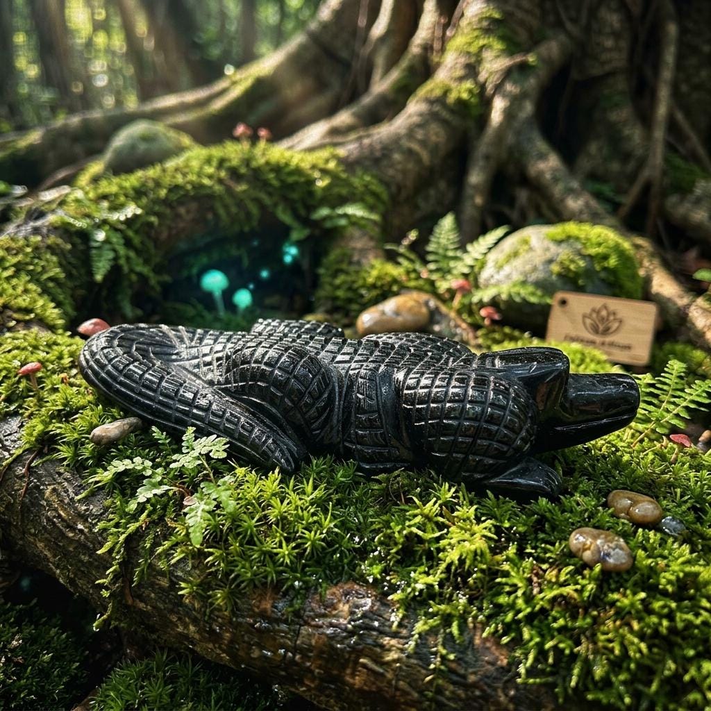 Gold Sheen Obsidian Crocodile Carving, Natural Stone Animal Figurine, Gothic Home Decor