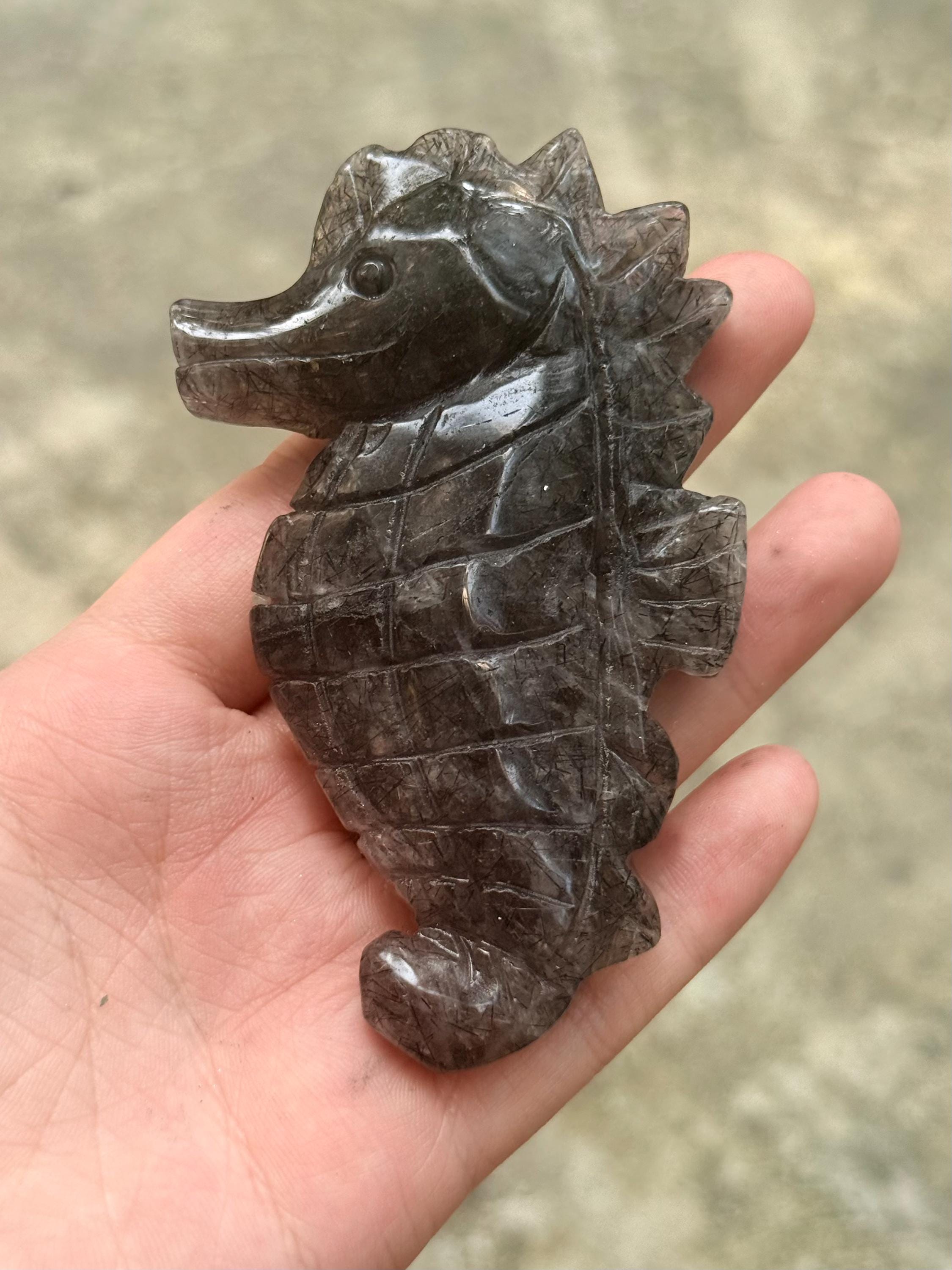 Seahorse Figurine, Black Rutilated Quartz Crystal Carving, Hand Carved Marine Life Sculpture, Coastal Decor, Ocean Lover Gift