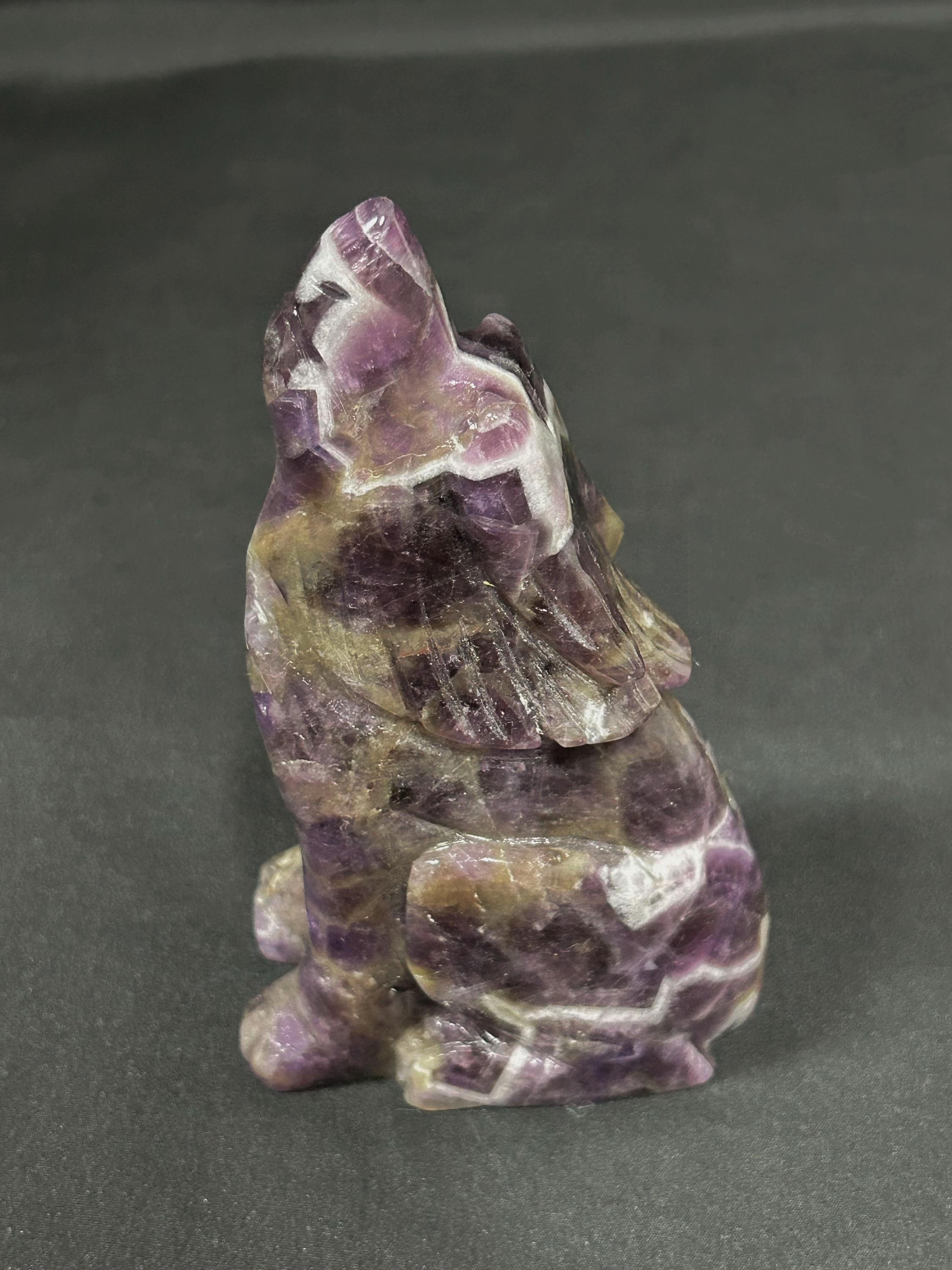 Crystal Wolf Carving, Gemstone Wolf Figurine, Fluorite, Rose Quartz & Amethyst, Spiritual Home Decor