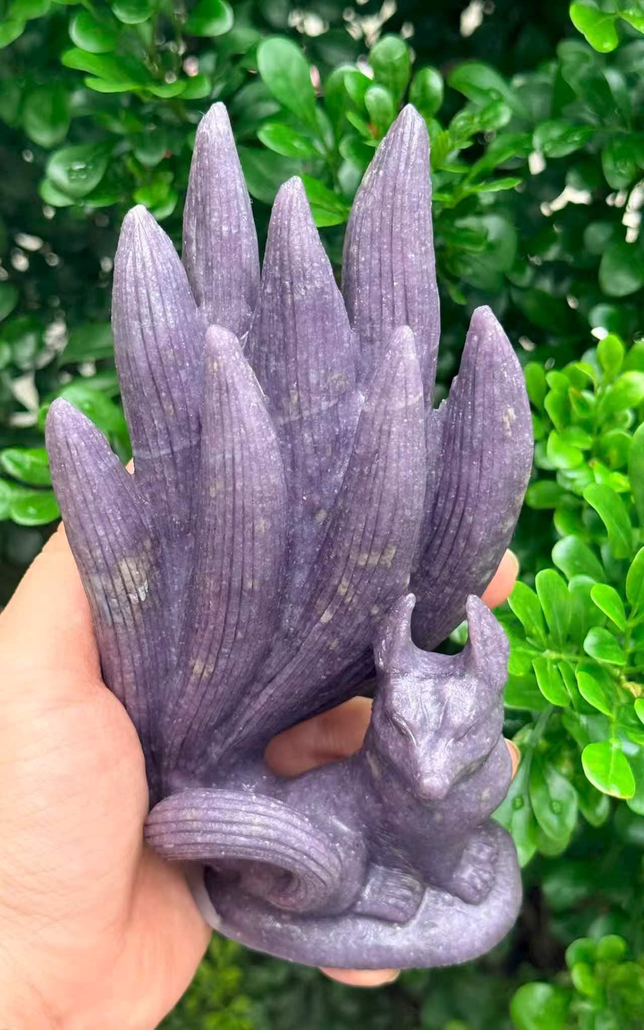 Fox Figurine, Purple Lepidolite Nine Tailed, Kitsune Statue, Witchy Altar Decor, Gifts