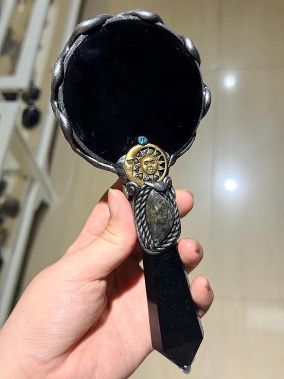 Black Obsidian Scrying Mirror, Gemstone Inlay Ritual Tool, Witchy Altar Decor, Divination Mirror