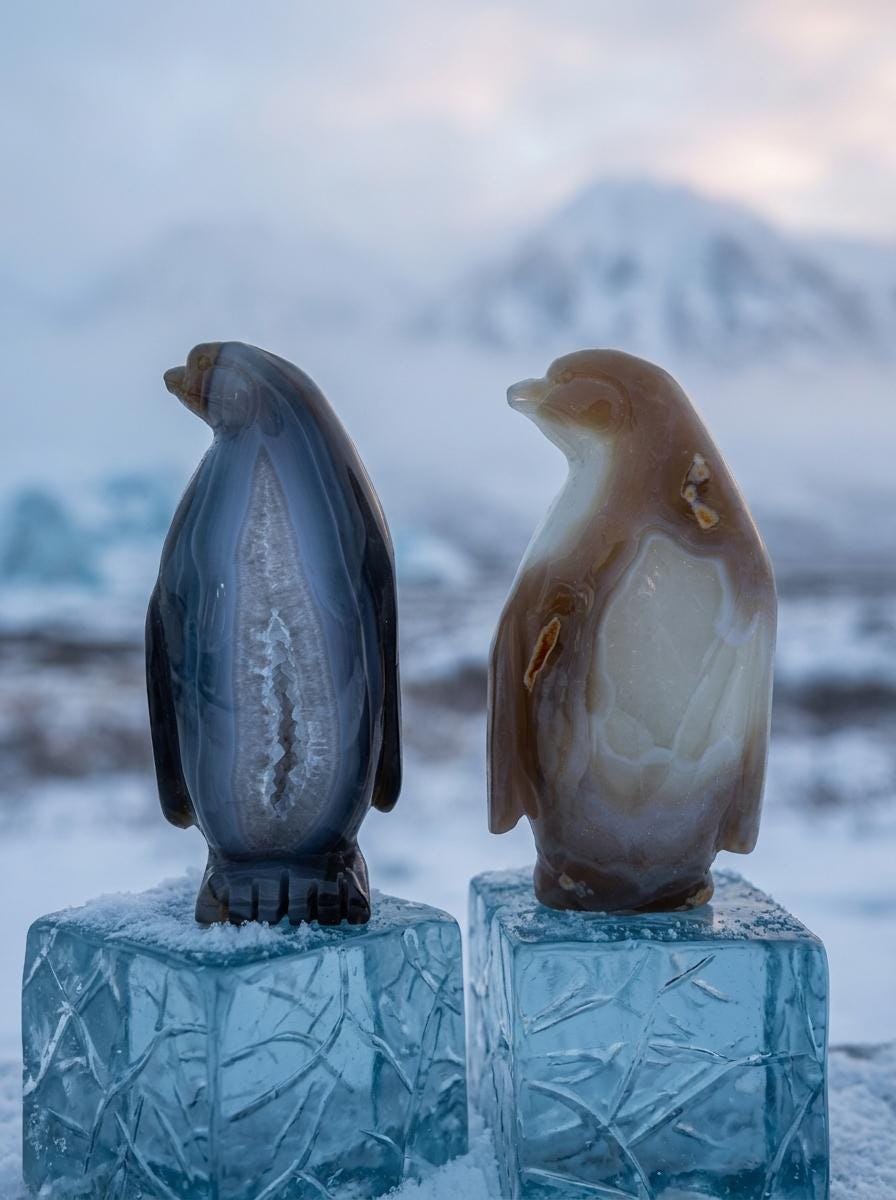 Natural Agate Geode Penguin Carving – Hand-Carved Crystal Animal Statue for Home Decor & Reiki Healing