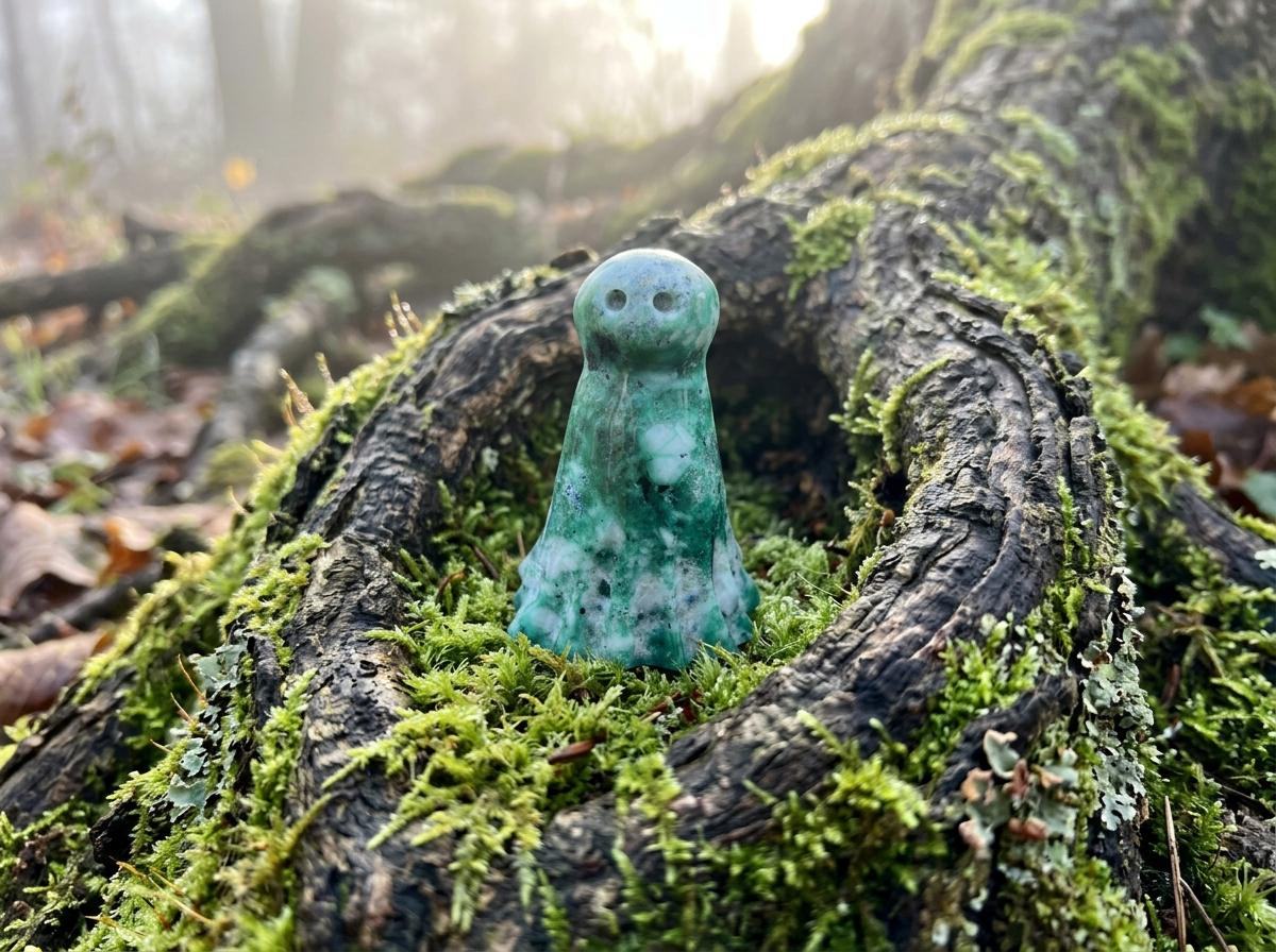 Cute Phoenix Stone Ghost Carving, Green Crystal Spirit Figurine, Halloween Decor, Pocket Guardian Stone, Reiki Healing Energy Charm