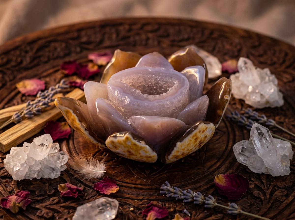 Natural Agate Geode Lotus Carving, Hand-Polished Crystal Flower Sculpture for Meditation, Reiki Healing, Home Decor & Feng Shui