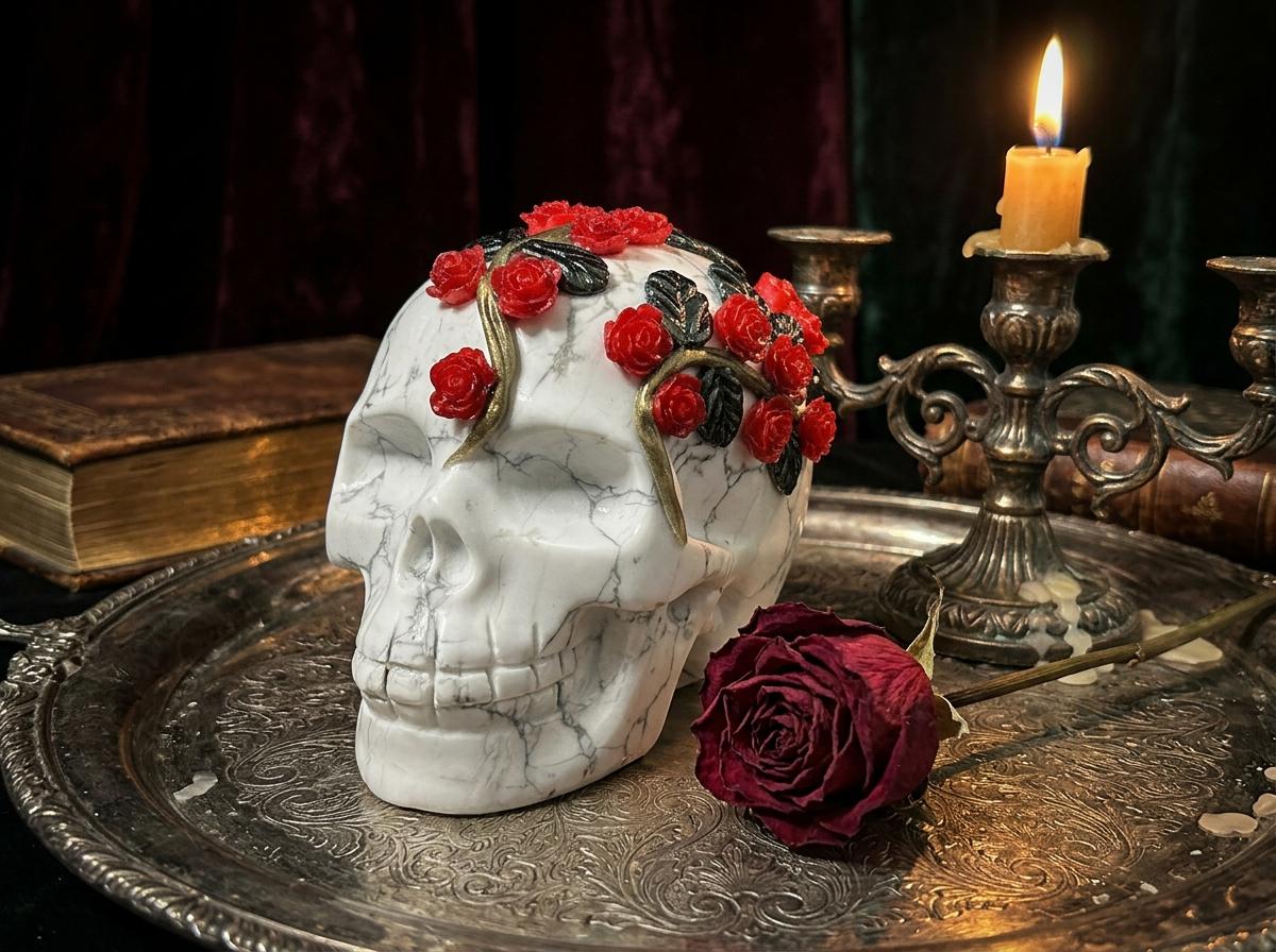 White Turquoise Skull Sculpture with Red Roses, Gothic Floral Decor