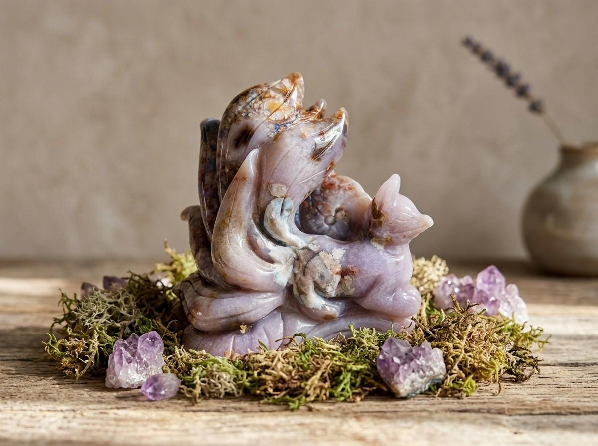 Blue Cherry Blossom Agate Nine-Tailed Fox Carving, Hand-Carved Crystal Fox Statue, Healing Gemstone Sculpture, Reiki Energy Stone Home Decor