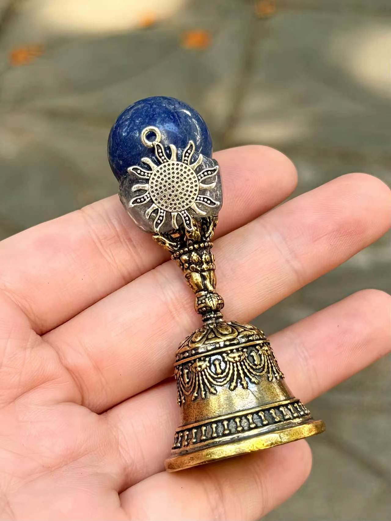 Natural Gemstone Bell Keychain, Antique Gold-Tone Charm, Good Luck Ornament