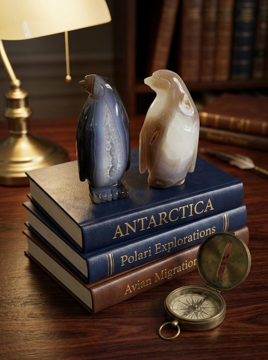 Natural Agate Geode Penguin Carving – Hand-Carved Crystal Animal Statue for Home Decor & Reiki Healing
