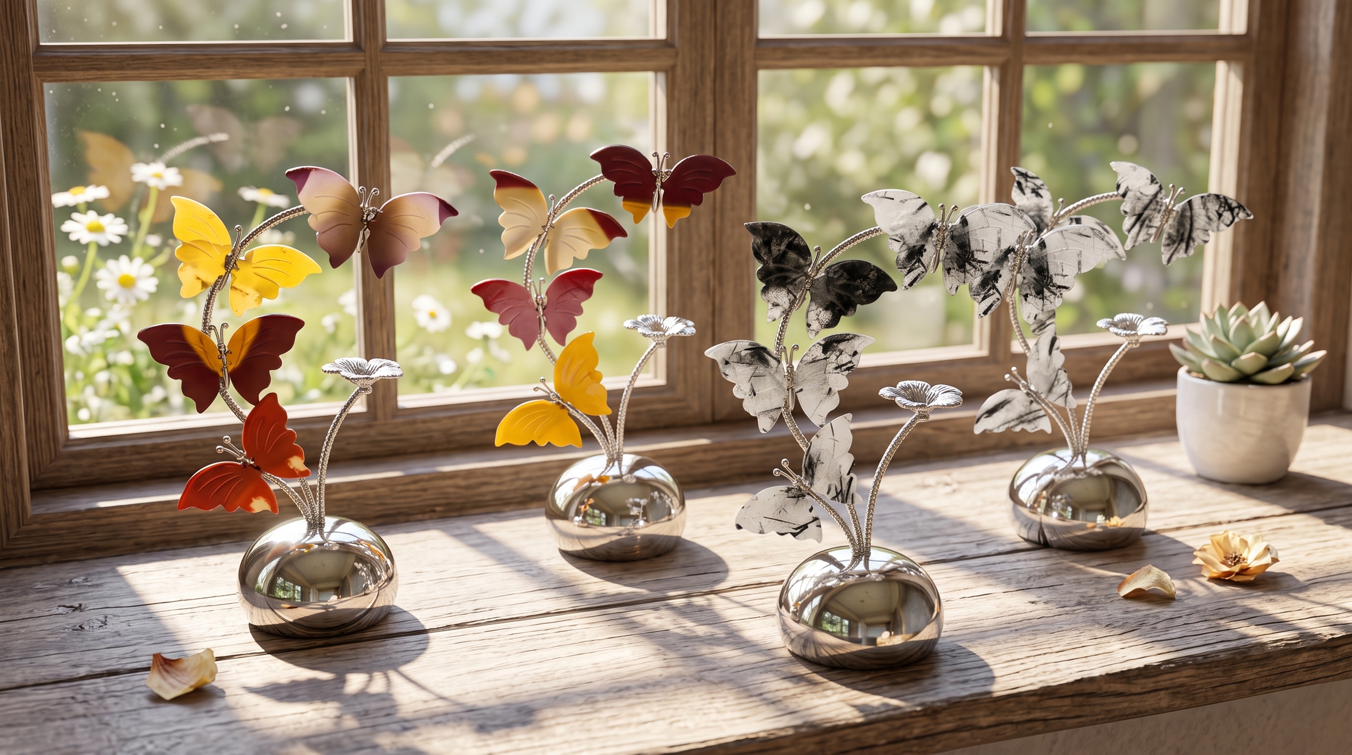 Moonkite or Black Tourmaline Crystal Butterfly Tree – Hand-Assembled Metal Stand Decor