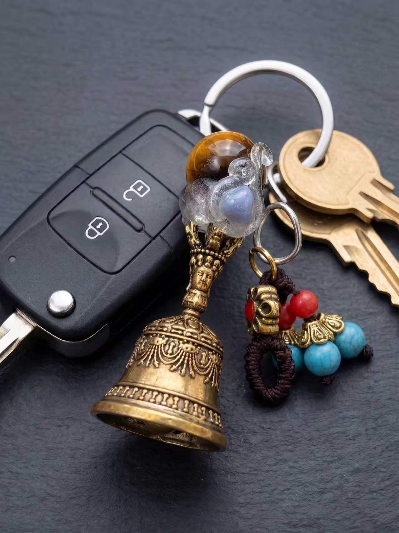 Natural Gemstone Bell Keychain, Antique Gold-Tone Charm, Good Luck Ornament