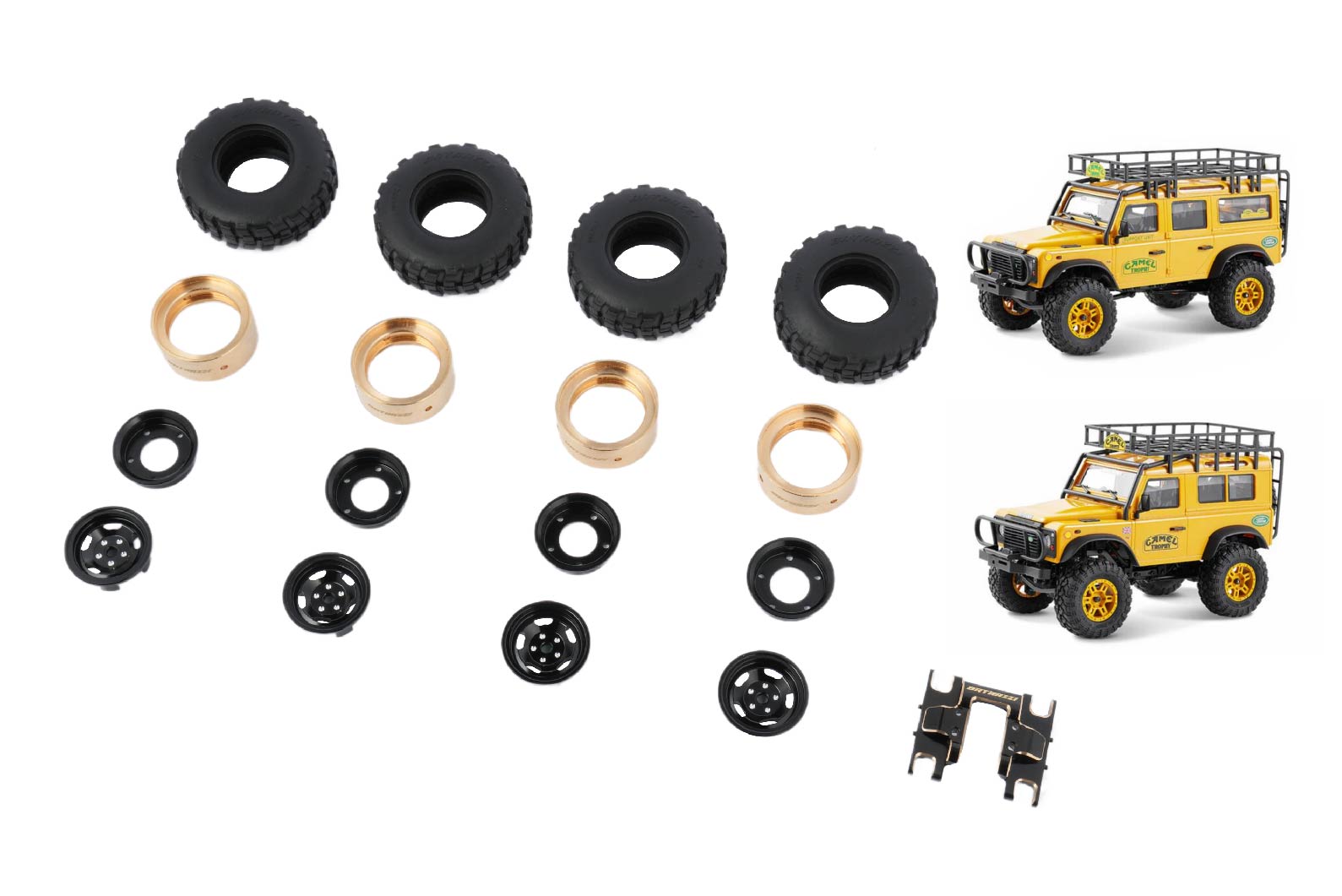 Batrazzi 0.9" Wheel & Tire Set with FCX24M Brass Center Skid Plate Mount