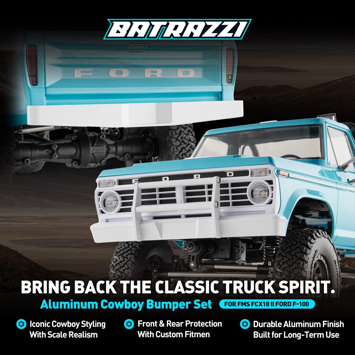 BATRAZZI Aluminum Front & Rear Cowboy Bumper Set for FMS FCX18 II Ford F-100