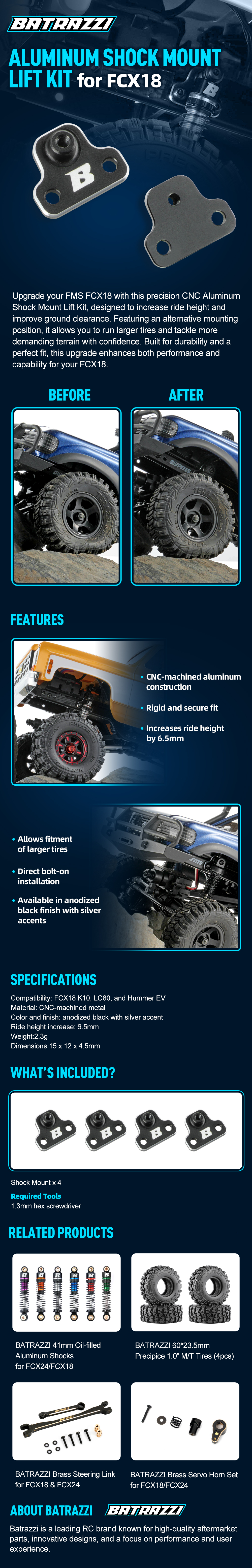 BATRAZZI Aluminum Shock Mount Lift Kit for FCX18 – Batrazzi