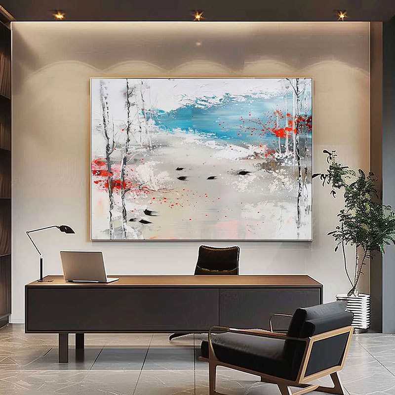 Landscape wall art blue and white winter forest large abstract painting 