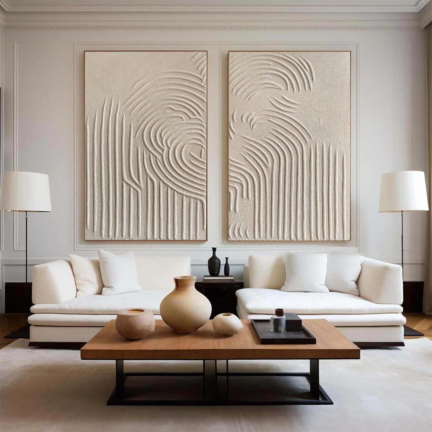 Beige Plaster Art Textured Wall Art hand - painted Set of 2 #HM1457