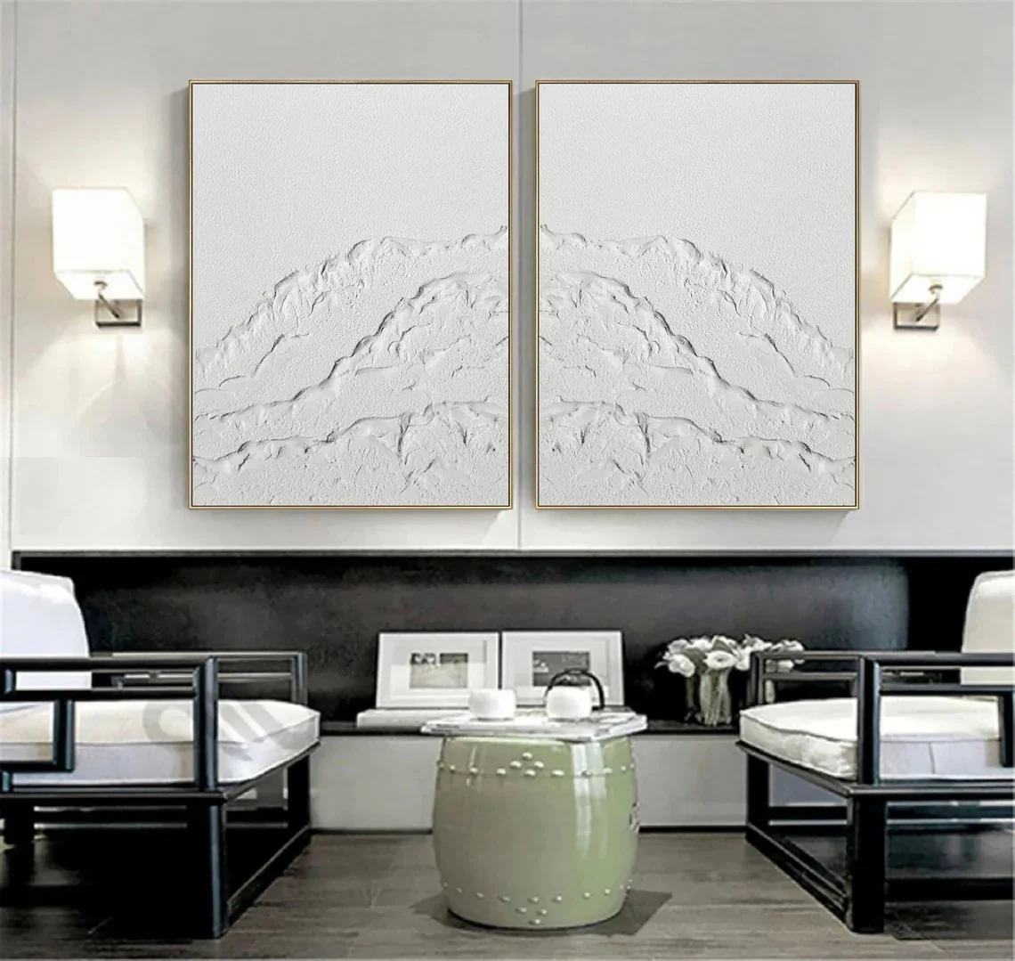 White Mountain Plaster Art Painting hand-painted Set Of 2 #HM1867