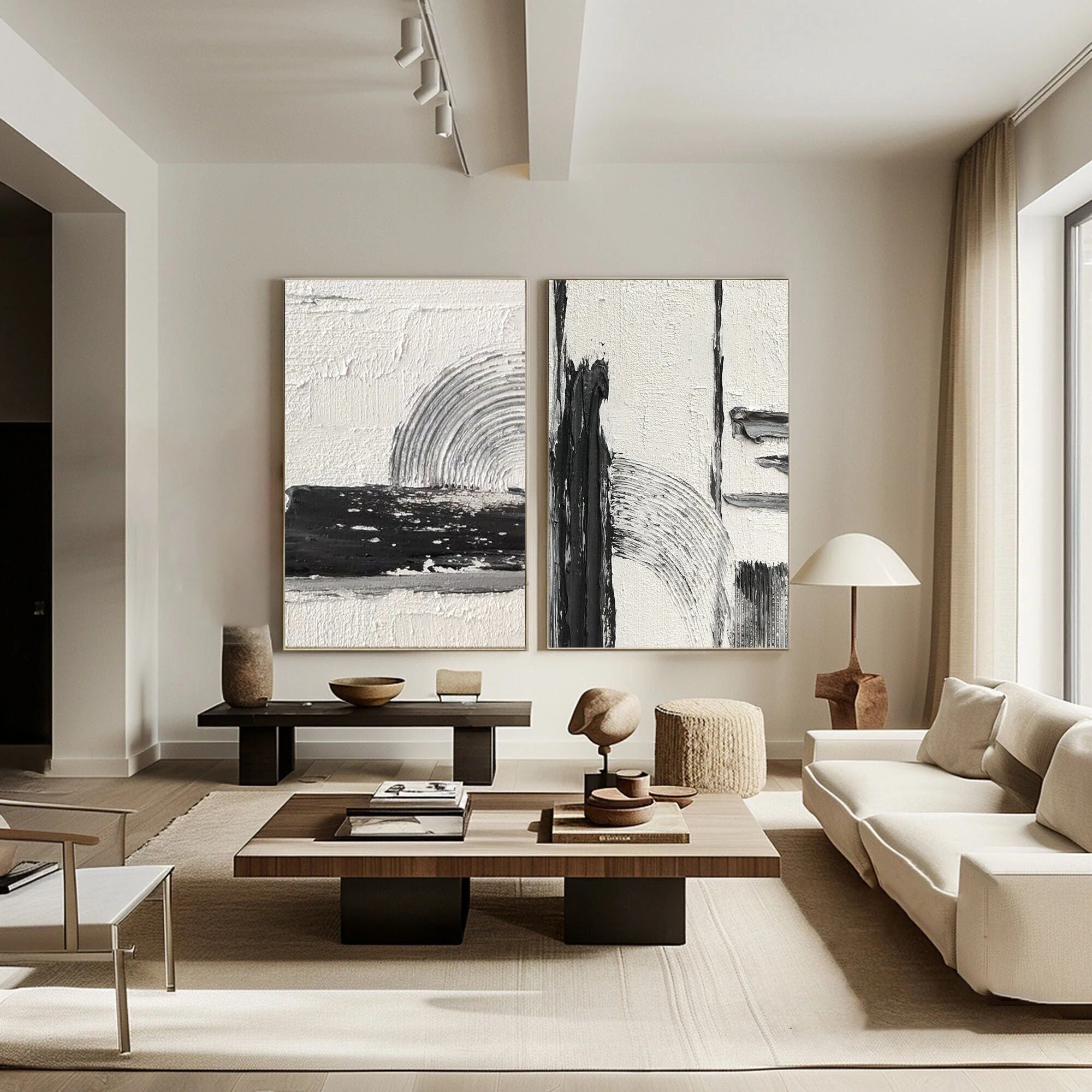 Black and White Abstract Art Painting hand-painted Set Of 2 #HM1870