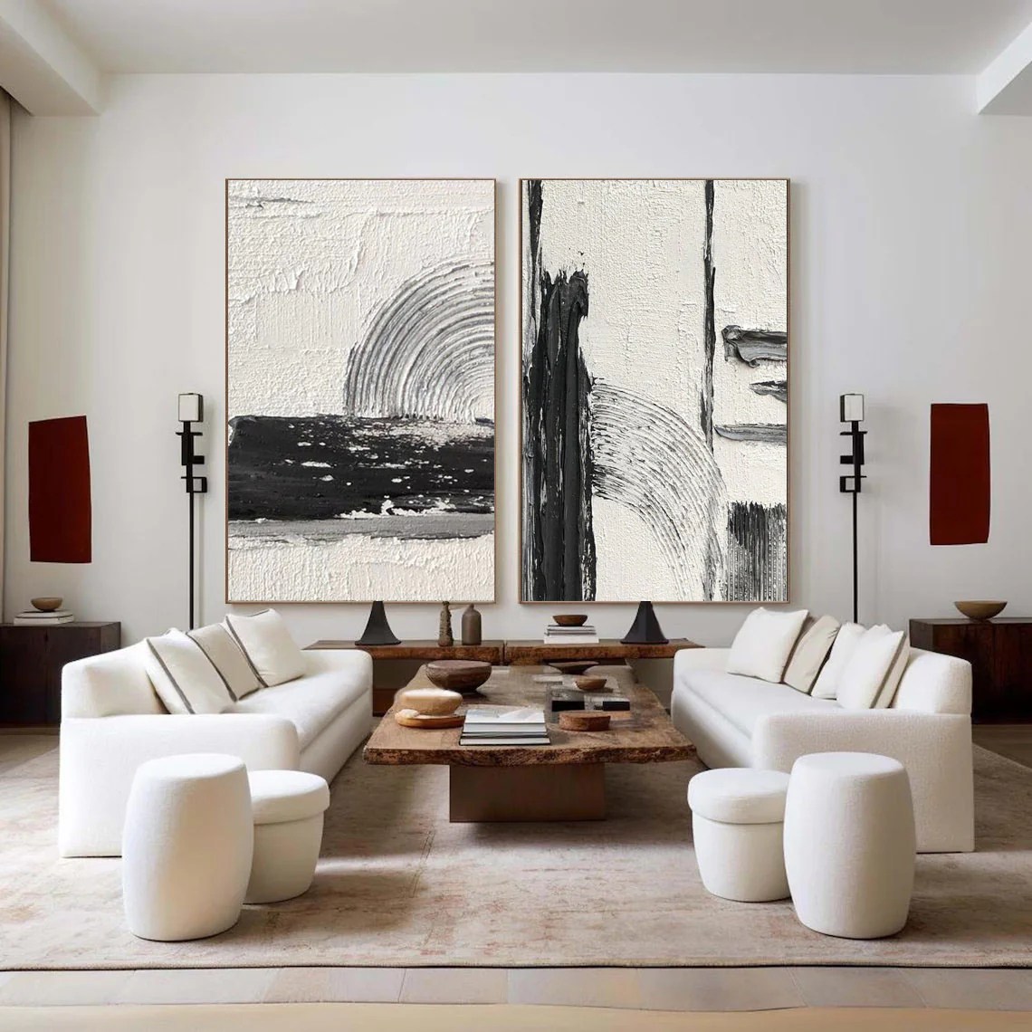 Black and White Abstract Art Painting hand-painted Set Of 2 #HM1870