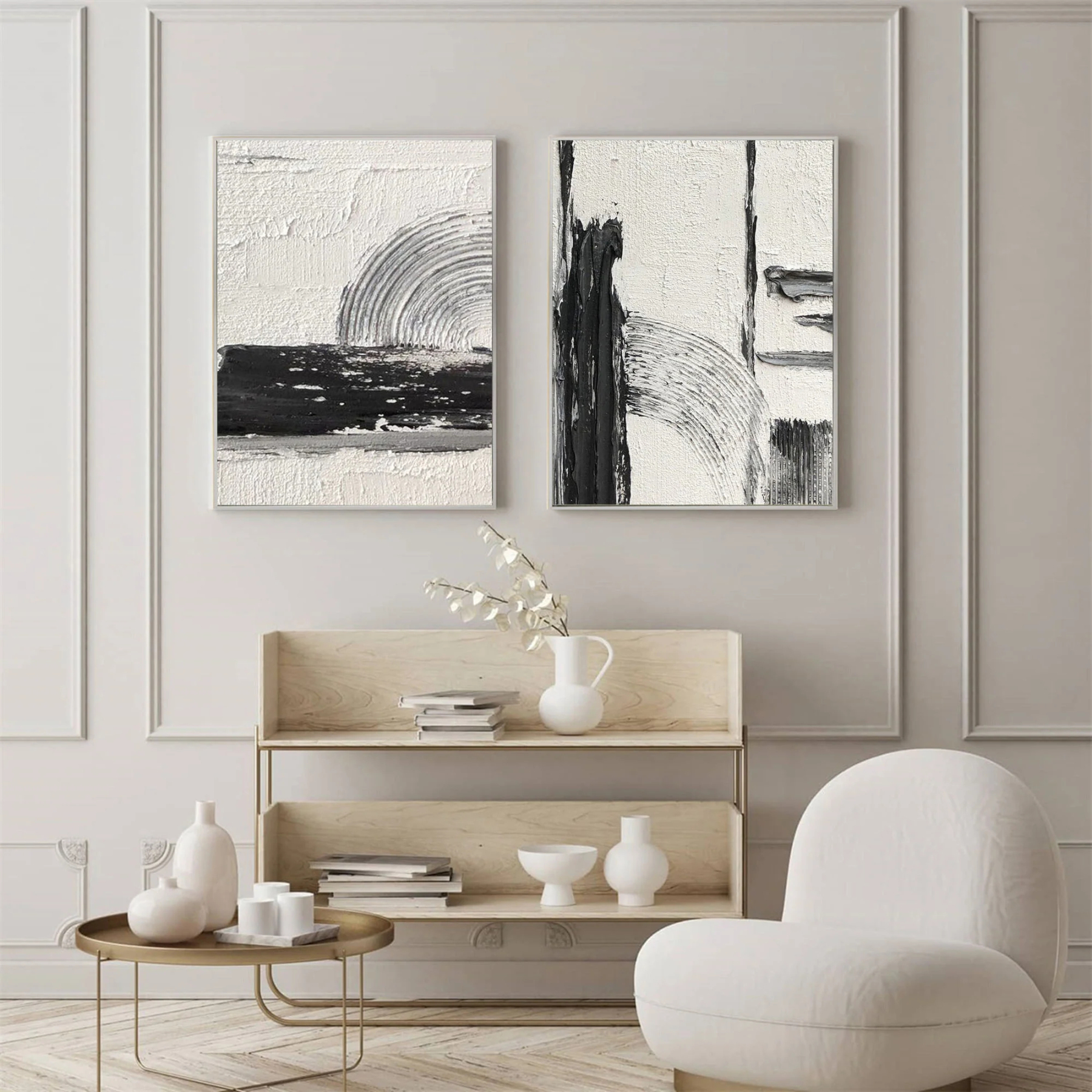 Black and White Abstract Art Painting hand-painted Set Of 2 #HM1870
