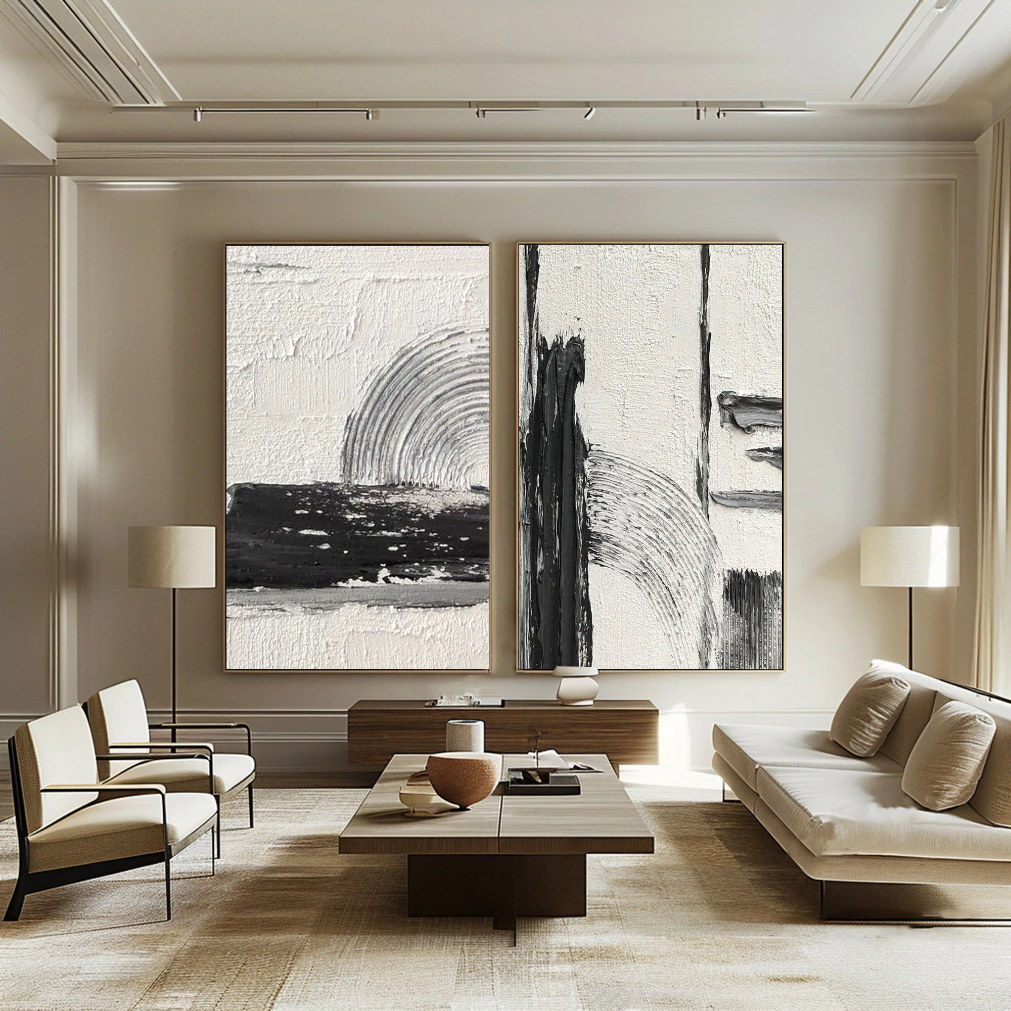 Black and White Abstract Art Painting hand-painted Set Of 2 #HM1870