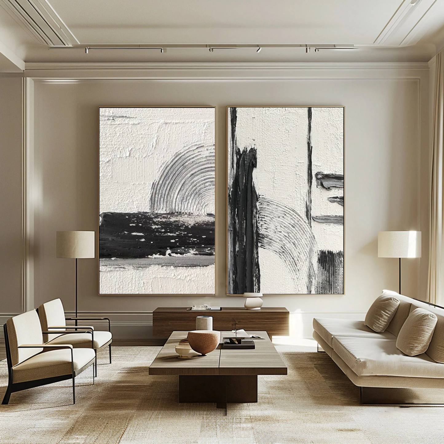 Black and White Abstract Art Painting hand-painted Set Of 2 #HM1870