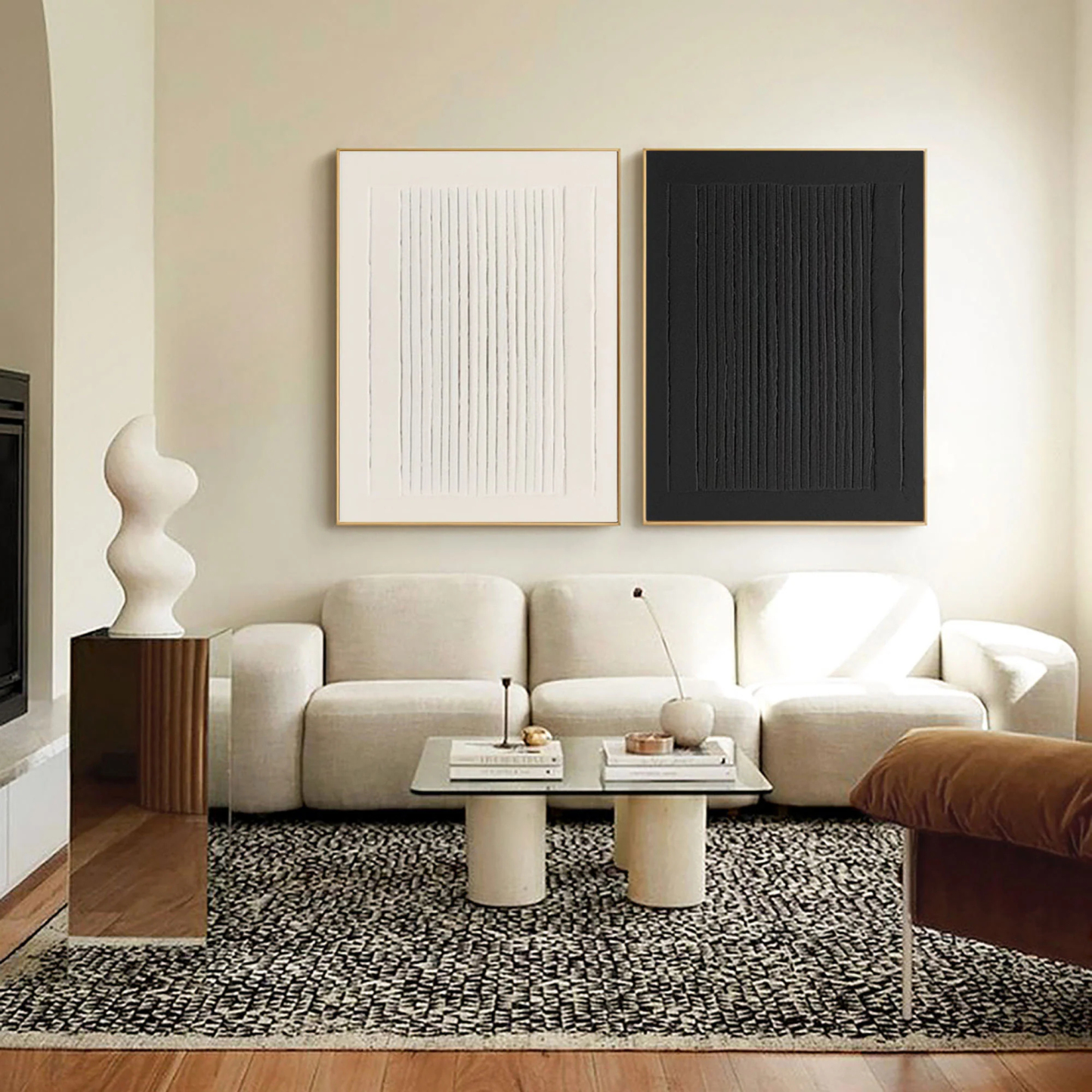 Black and White Minimalist Art Painting hand-painted Set Of 2 #HM1860