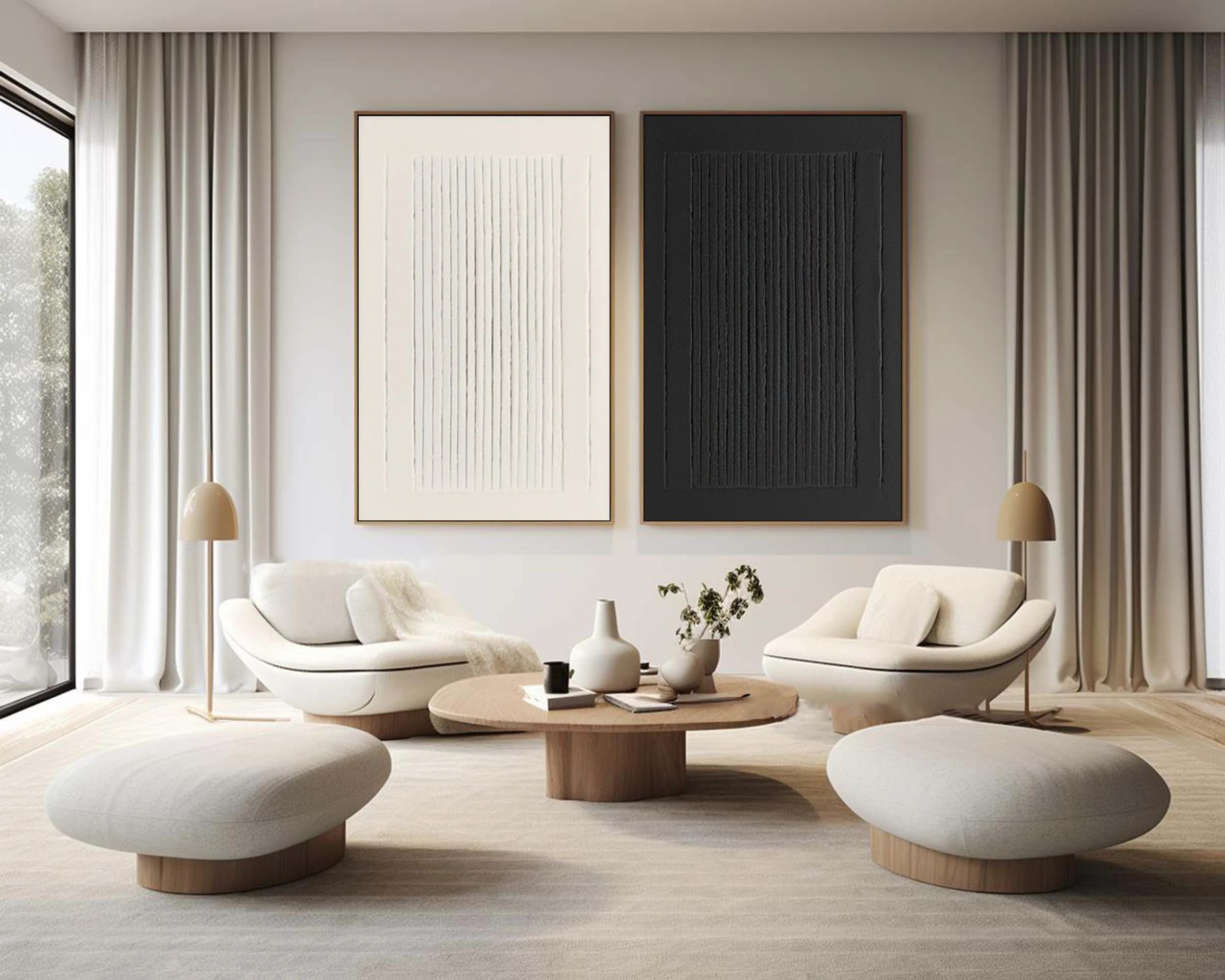 Black and White Minimalist Art Painting hand-painted Set Of 2 #HM1860