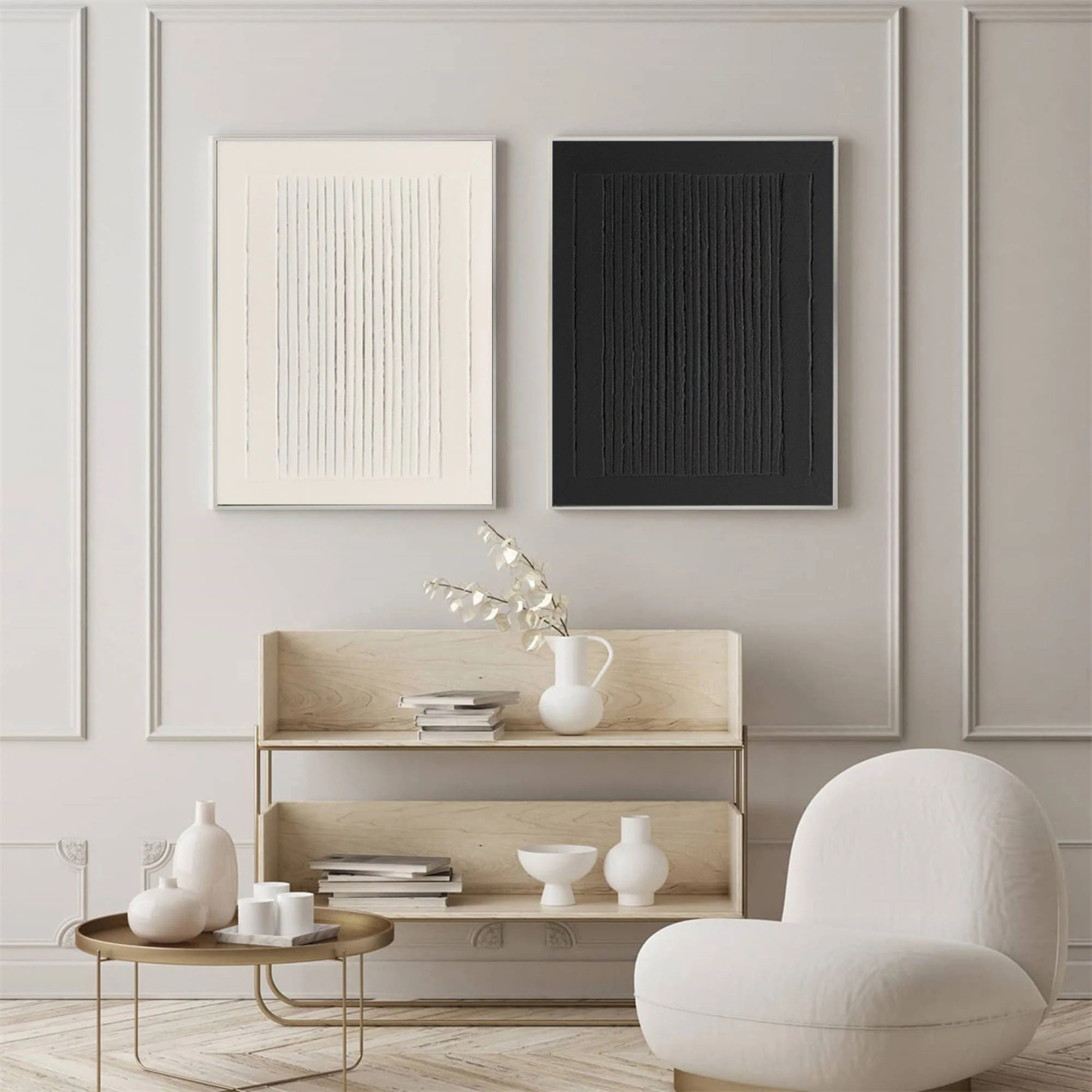 Black and White Minimalist Art Painting hand-painted Set Of 2 #HM1860