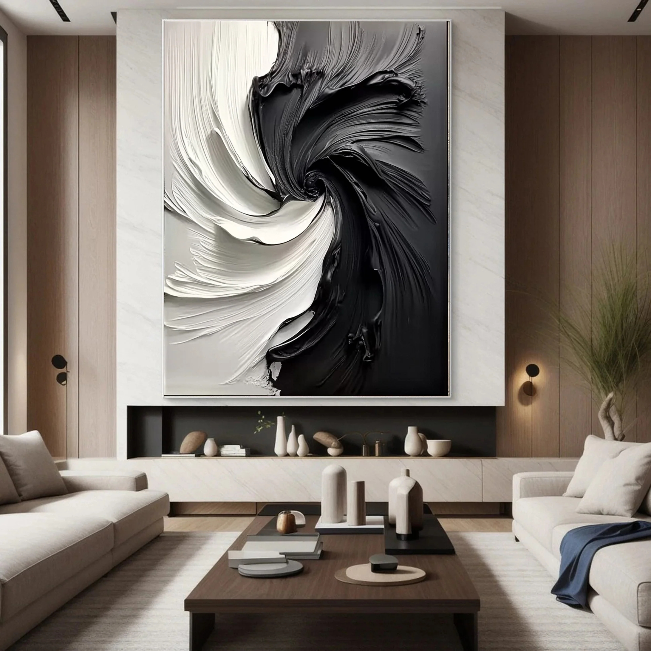 Black and White Vortex Abstract Plaster Art Painting hand-painted #HM1838