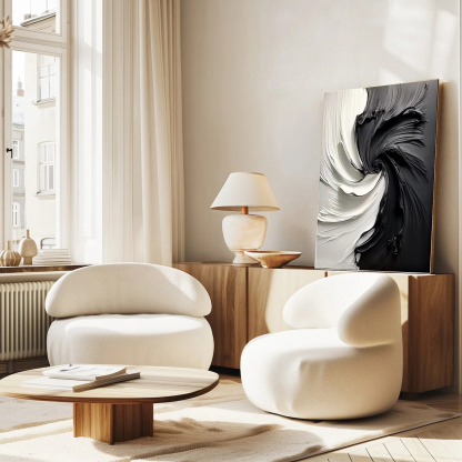 Black and White Vortex Abstract Plaster Art Painting hand-painted #HM1838