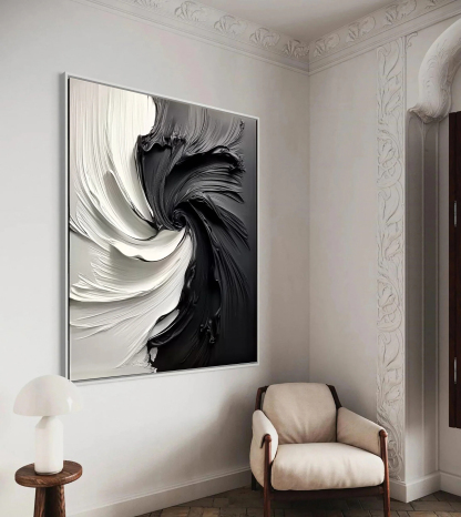 Black and White Vortex Abstract Plaster Art Painting hand-painted #HM1838