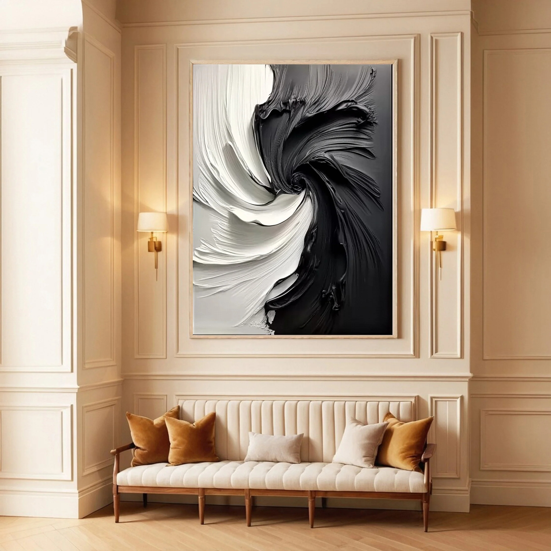 Black and White Vortex Abstract Plaster Art Painting hand-painted #HM1838