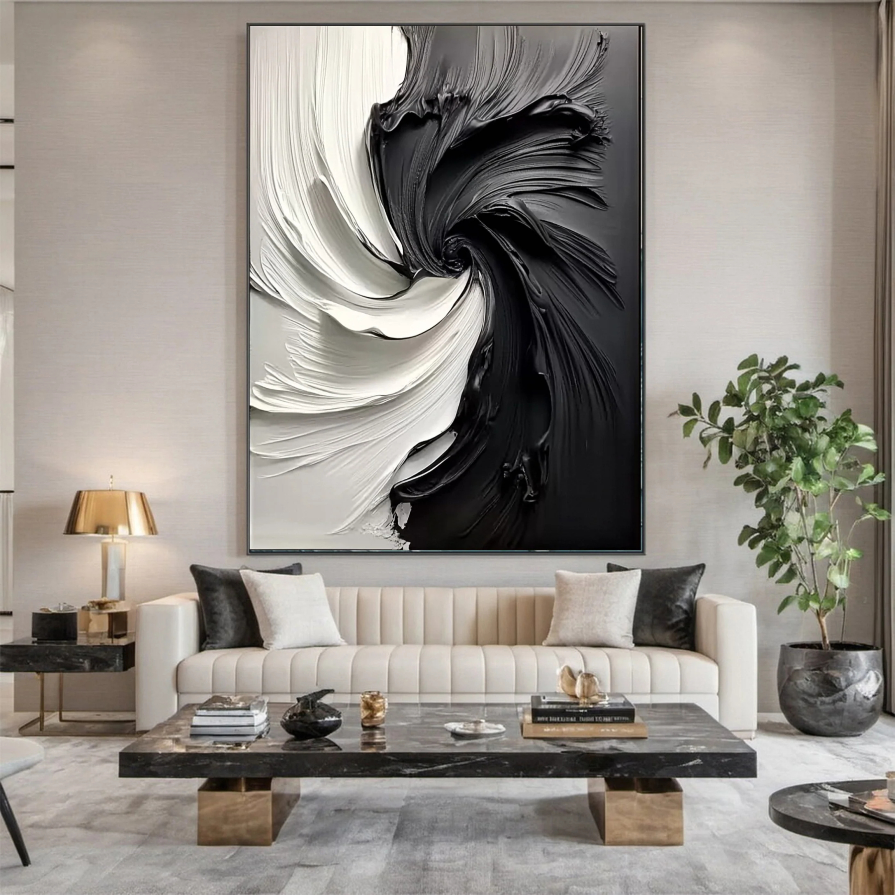 Black and White Vortex Abstract Plaster Art Painting hand-painted #HM1838
