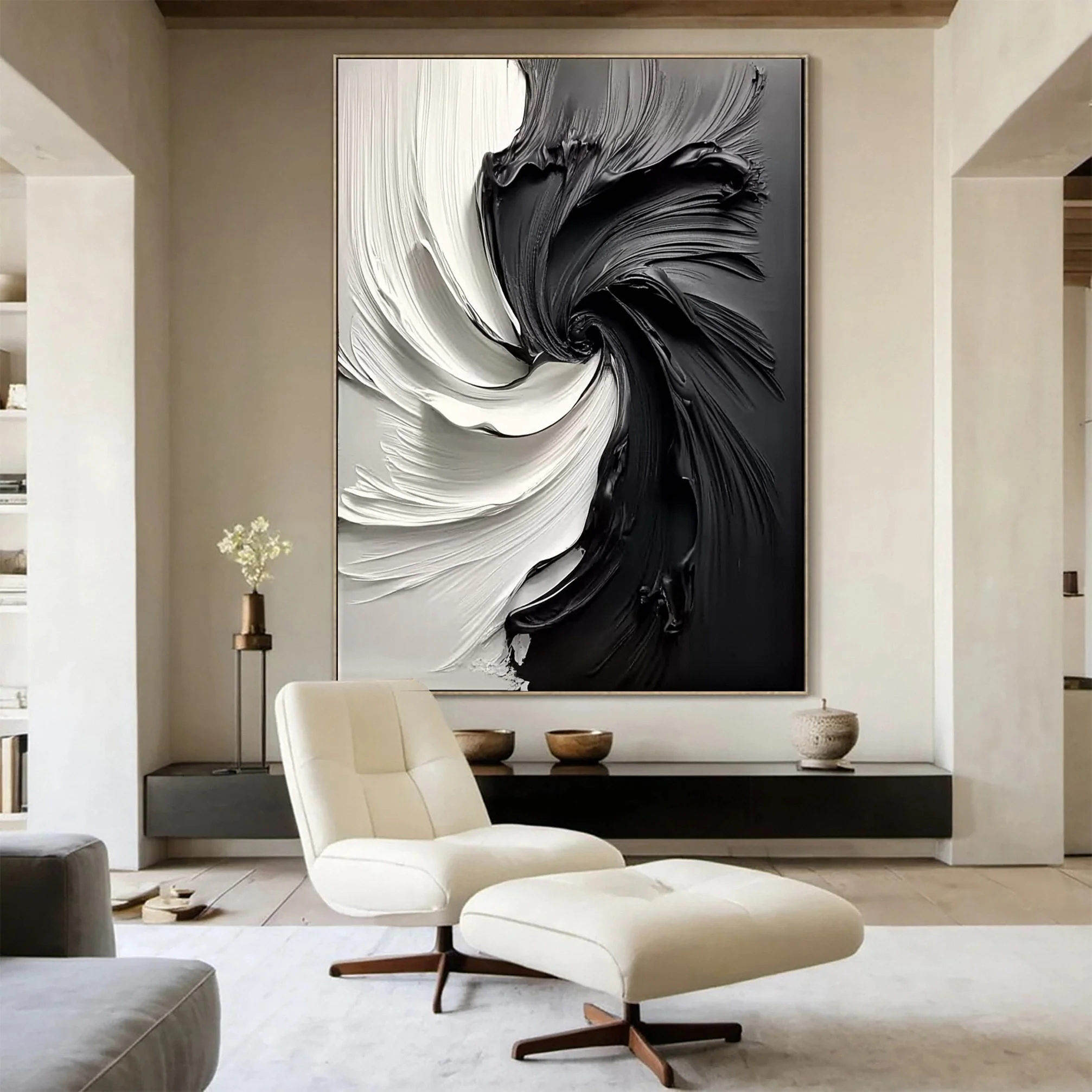 Black and White Vortex Abstract Plaster Art Painting hand-painted #HM1838