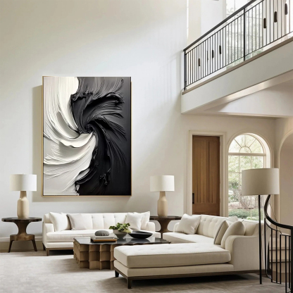 Black and White Vortex Abstract Plaster Art Painting hand-painted #HM1838